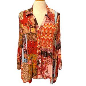 North Style Woman XL Blouse Top Patchwork Floral Retro Tunic Cottage Rust Green